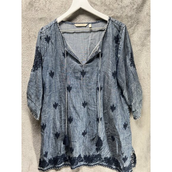 Soft Surroundings Women’s Large Embroidered 3/4 Sleeve V Neck Blue Tunic Top - Picture 1 of 4